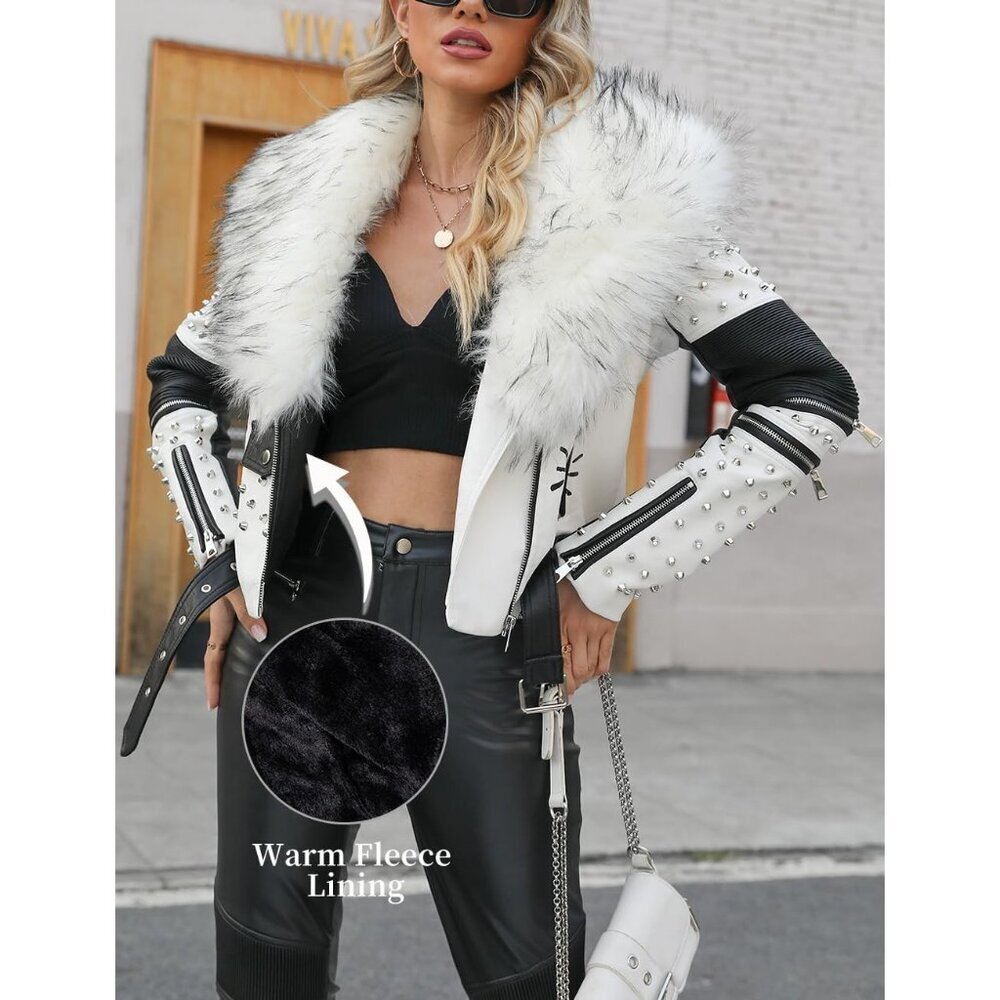 Women White Collar Studded Rivet Floral Biker Short Lapel Coat Leather Jacket - Picture 4 of 6